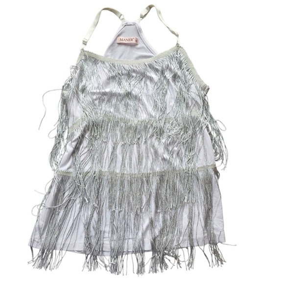 MANER Women's Fringe Top Tassel  Cami White Spaghetti Strap Tank Top M  #1181 - Picture 1 of 7